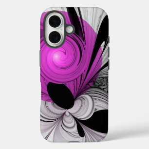 Coques iPhone 16 Gris Noir Abstrait Avec Art Fractal Magenta