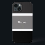 Case-Mate iPhone Case Gris Personnalisé Gris Noir Et Blanc Gratuit<br><div class="desc">Vous adorerez cette étagère de téléphone portable moderne,  chic et design avec un motif rayé gris,  noir et blanc. Grandes bandes noires et grises avec petites bandes blanches. Personnalisé avec votre nom imprimé dans un texte blanc.</div>