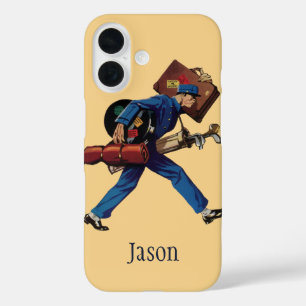 Coques iPhone 16 Groom d'époque en uniforme, valise et club de golf