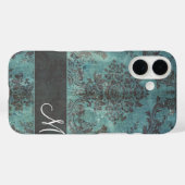 Coques Case-Mate iPhone grunge damask Patte avec Monogramme turquoise (Verso (horizontal))