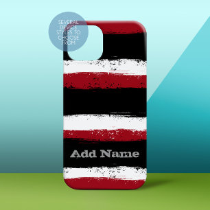 Coques iPhone 16 Grunge Stripes et Nom - noir rouge blanc