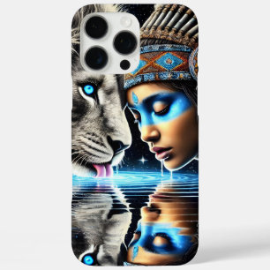 Coques iPhone 16 Pro Max Guerrier natif et lion, reflet au clair de lune