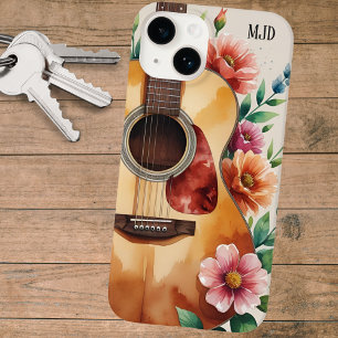 Coque Pour iPhone 14 Guitare acoustique florale aquarelle