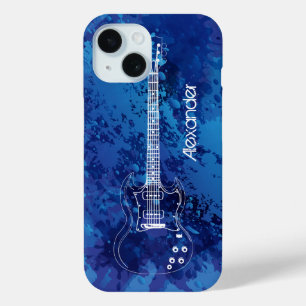 Coque Pour iPhone 15 Guitare électrique Outline Blue Paint Splats
