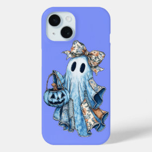 Coque Pour iPhone 15 Halloween Blue Denim Boo Ghost Floral Coquette Bow
