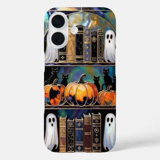 Coques Case-Mate iPhone Halloween Cat Ghost Phone Case Bookshelf Pumpkin (Verso)