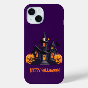 Coque Pour iPhone 15 Halloween citrouille orange château violet