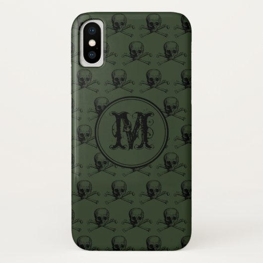 Coques Case-Mate iPhone Halloween crâne noir kaki Monogramme personnalisé (Dos)