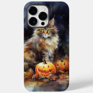 Coque Pour Pour iPhone 14 Pro Max Halloween Maine Coon Chat Avec Crainte Citrouille