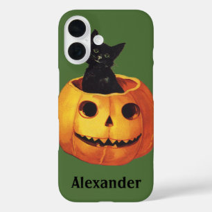Coques iPhone 16 Halloween vintage, joli chat noir dans une citroui