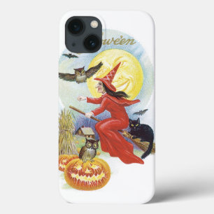 Etui iPhone Case-Mate Halloween vintage, Sorcière volante avec un chat n
