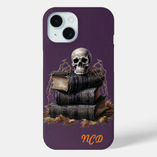 Coque Pour iPhone 15 Happy Halloween crâne et livres personnalisés