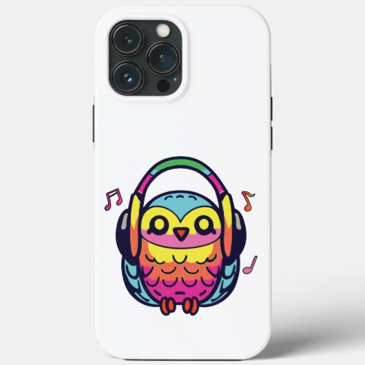 Coques Case-Mate iPhone Happy Owl avec écouteurs écoutant de la musique. (Verso)