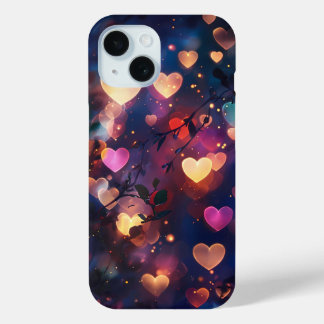 Coque Pour iPhone 15 Heart Bokeh éclaire dans un jardin nocturne rêvé