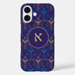 Coques iPhone 16 Hébreu Monogramme Hanoukka Personnalisé Hanukkiah
