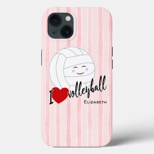 Coques Case-Mate iPhone heureux kawaii J'aime volleyball coeur rayures ros (Verso)