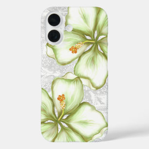 Coques iPhone 16 Hibiscus & dentelle BLANC