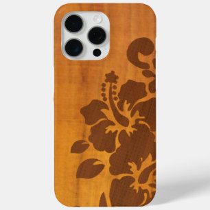 Coque iPhone 15 Pro Max Hibiscus floral en bois de Koa avec une ambiance d