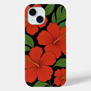 Coque Pour iPhone 15 Hibiscus rouge d'élégance tropicale sur noir