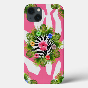 iPhone 13 Case Hibiscus tropical et rayures exotiques de zèbre ro