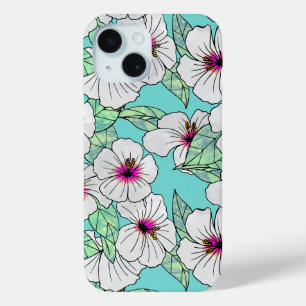 Coque Pour iPhone 15 Hibiscus tropical rose et blanc Motif floral