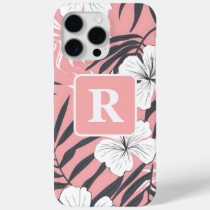 Coque iPhone 15 Pro Max Hibiscus tropical rose personnalisé Monogramme