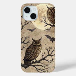 Coque Pour iPhone 15 Hiboux et lune d'Halloween vintage