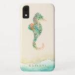Case-Mate iPhone Case Hippocampe botanique de plage élégante<br><div class="desc">Hippocampe botanique d'île tropicale élégante d'aquarelle avec l'accent de plage sablonneuse,  personnalisé avec le nom,  coque iphone de beige arénacé.</div>