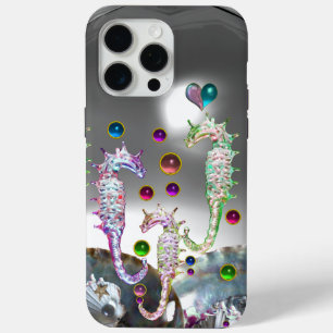 COQUE iPhone 15 PRO MAX HIPPOCAMPES AMOUREUX, PERLE ROSE TEAL BLEUE