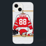 Coques Pour iPhone Hockey sur glace du Jersey<br><div class="desc">Un design sportif unique et amusant avec un maillot de hockey sur glace personnalisé accroché dans un vestiaire avec casque, patins à glace et bâton de hockey. Le maillot peut être entièrement personnalisé avec le numéro et le nom de votre choix pour faire un grand cadeau à n'importe quel fan...</div>