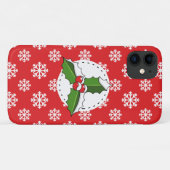 Coques Case-Mate iPhone Holly Berry on Red White Snowflakes Pattern (Dos (Horizontal))