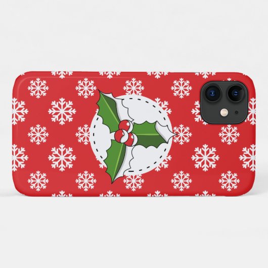 Coques Case-Mate iPhone Holly Berry on Red White Snowflakes Pattern (Dos (Horizontal))