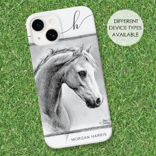 Coque Pour iPhone 14 Horse Portrait Equine Charbon Dessin Monogramme