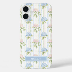 Coques iPhone 16 Plus Hortensia Bleu Aquarelle Rayé Personnalisé