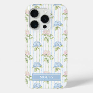 Coque iPhone 15 Pro Hortensia Bleu Aquarelle Rayures Personnalisé