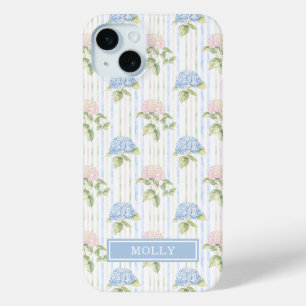 Coque iPhone 15 Mini Hortensia Bleu Aquarelle Rayures Personnalisé