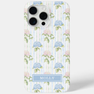 Coque iPhone 15 Pro Max Hortensia Bleu Aquarelle Rayures Personnalisé