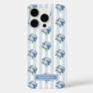 Coques iPhone 16 Pro Hortensias bleus sur rayures