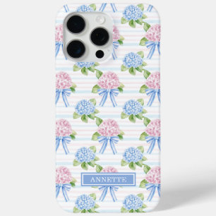 Coque iPhone 15 Pro Max Hortensias rayés bleu et rose