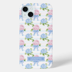 Coque iPhone 15 Mini Hortensias rayés bleu et rose
