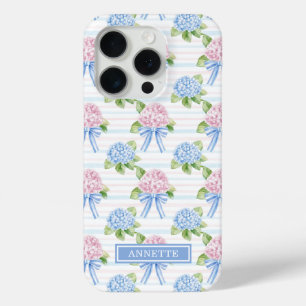 Coque iPhone 15 Pro Hortensias rayés bleu et rose