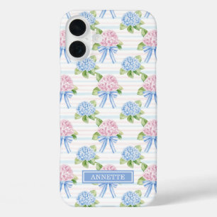 Coques iPhone 16 Plus Hortensias rayés bleu et rose