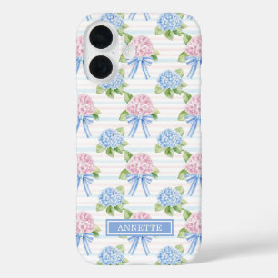 Coques iPhone 16 Hortensias rayés bleu et rose