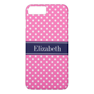 Coque iPhone 7 Plus Hot Pink #2 Wht Polka Dots Navy Blue Name monogram