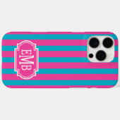 Coques Case-Mate iPhone Hot Pink and Turquoise Monogrammed Stripes (Verso (horizontal))