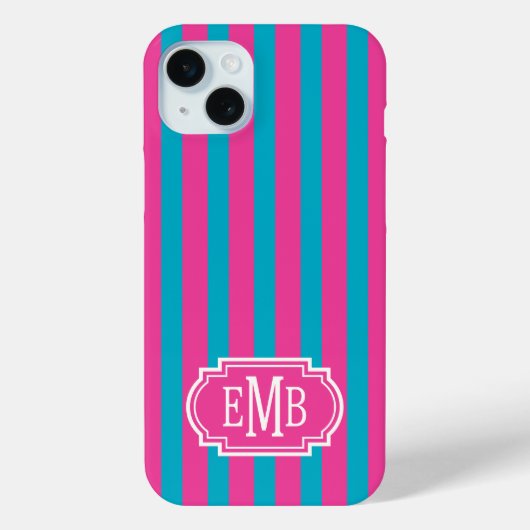 Coques Case-Mate iPhone Hot Pink and Turquoise Monogrammed Stripes (Verso)