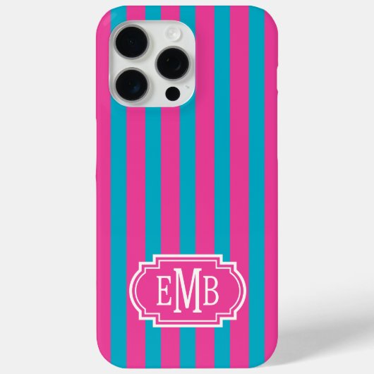 Coques Case-Mate iPhone Hot Pink and Turquoise Monogrammed Stripes (Verso)