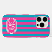 Coques Case-Mate iPhone Hot Pink and Turquoise Monogrammed Stripes (Verso (horizontal))