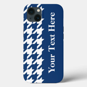 Etui iPhone 13 Houndstooth élégant Navy avec texte personnalisé