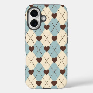 Coques iPhone 16 Housse à motif cœur Argyle bleu esthétique et crèm